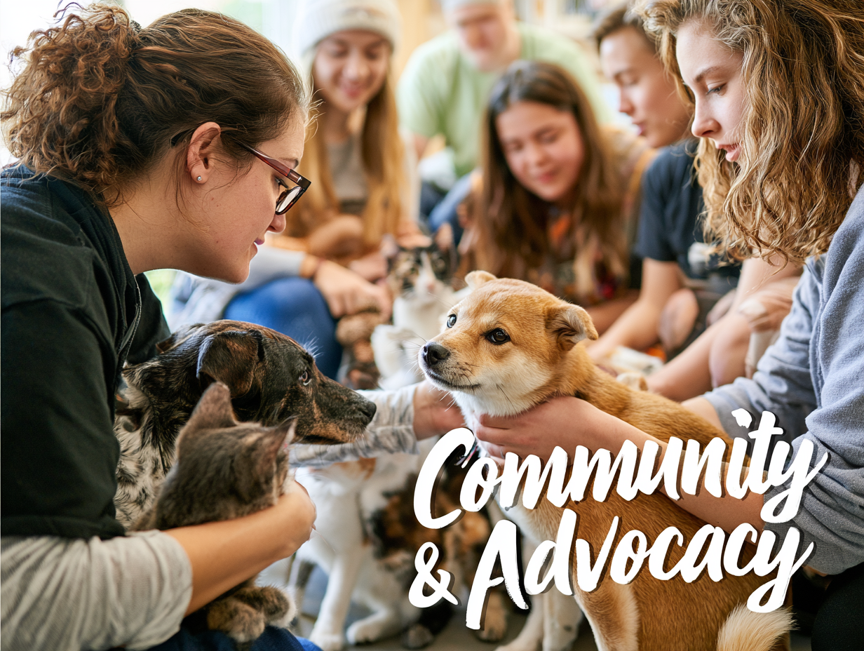 A small group of volunteers gathered together, gently holding and petting shelter dogs and cats during a community advocacy event
