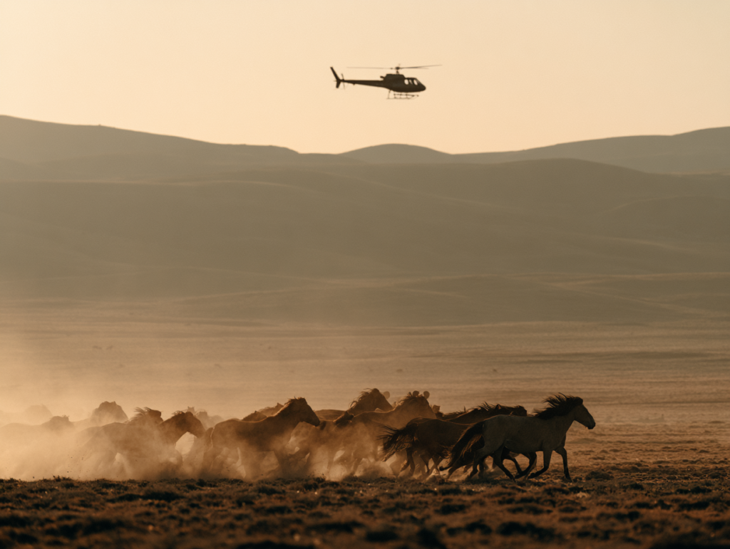 A helicopter driving a herd of wild horses during a BLM roundup
